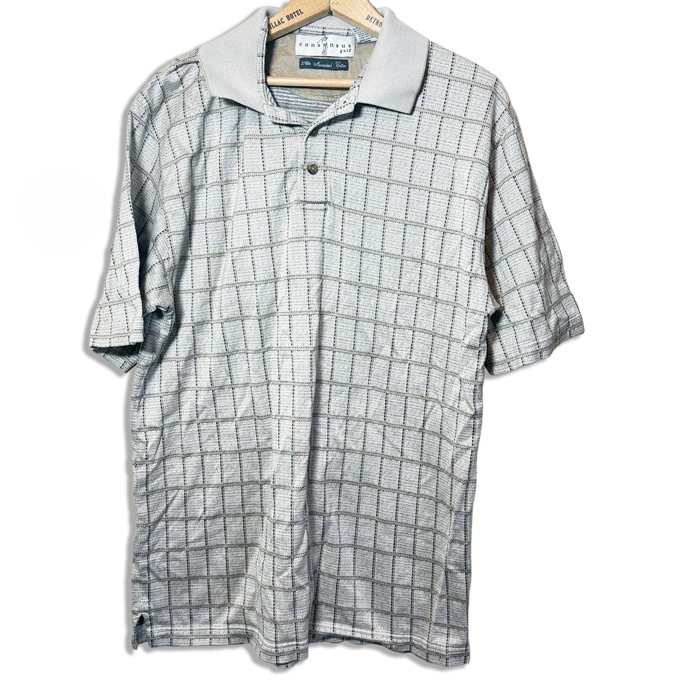 Consensus Golf Plaid Mercerized Cotton Short Sleeve Polo Shirt Tan Mens Size L